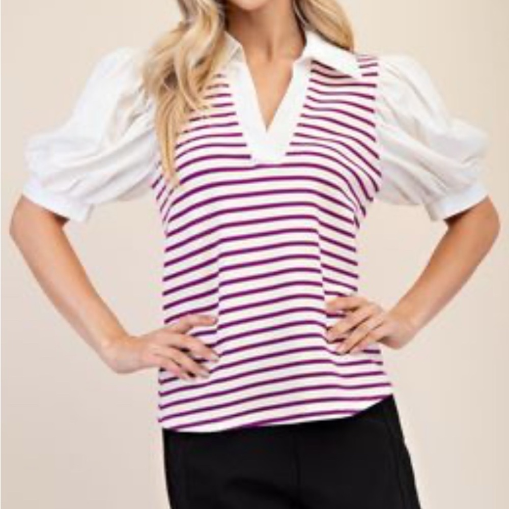 Glam Striped Blouse with Puff Sleeves